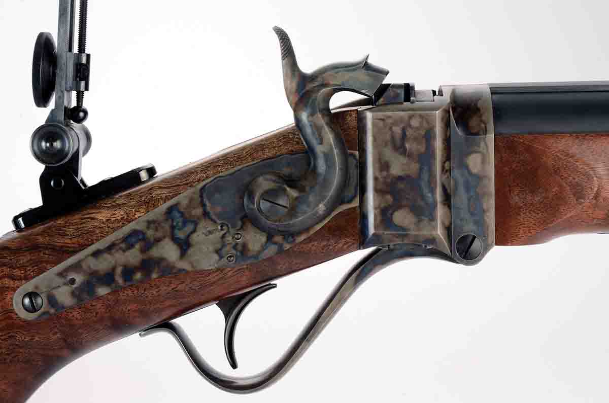 This close up of the Shiloh Model 1877 Sharps shows its much smaller lockplate compared to those on Model 1874s.